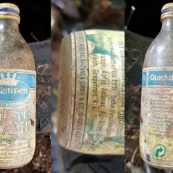 gefunden am 13. Mai 2020 am Parkplatz Wingertsweiher
Chrstinen Multivitamin Fruchtsaftgetränk
aufgrund der noch vierstelligen PLZ, des aber bereits angebrachten Grünen Punktes muss die Flasche aus dem Jahr 1993 stammen.