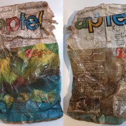 gefunden am 6. Februar 2021 am Wingertsweiher in Ottweiler
Die dänische Marke Sügro existiert seit 1957, die Verpackung hat eine vierstellige PLZ, wurde also vor Juli 1993 produziert.