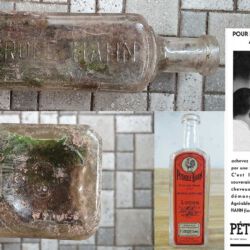 gefunden am 7. März 2021 in der Mühlenstraße in Schiffweiler
Haarwasser-Flasche
Die Werbeanzeige zeigt die Flasche aus den 1930er Jahren