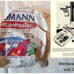 gefunden am 18. April 2021 in Heinitz
Deckel eines Homann Fleischsalat mit Hinweis: unverbindlicher Verbraucherpreis -,95 Pf.
aus den 1960er oder 1970er Jahren