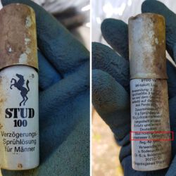 gefunden am 17. Mail 2020 am Parkplatz Eberstein (Wiebelskirchen)
Lidocain-Spray gegen vorzeitigen Orgasmus
leider war Verfallsdatum nicht mehr zu lesen, aber die vierstellige PLZ bedeutet eine Herstellung vor 1993